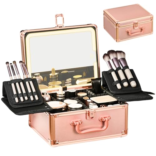 GALHUBIS Makeup Case with Lighted Mirror, Makeup Box Organizer with Detachable LED Mirror, Travel Makeup Train Case, Waterproof Cosmetic Organizer, Standing Brush Holder, Gift, Rose Gold