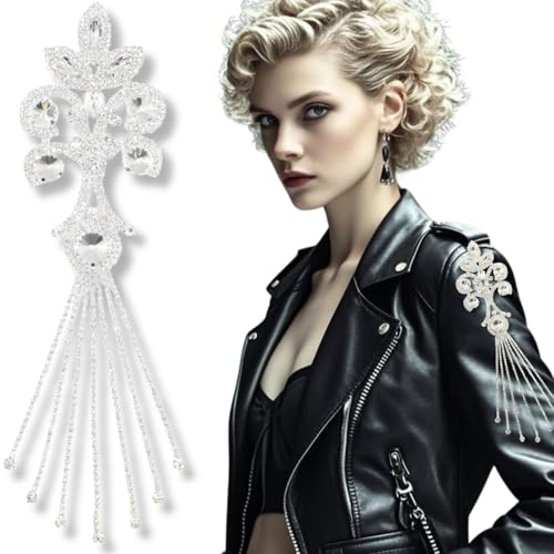 PEARLY JUN Rhinestone Applique Patches Silver Diamond Epaulettes Shoulder Trim Fringe Patches for Dresses Hand Sewing Craft Projects DIY Wedding Clothes Shoes Hats Bag Embellishments