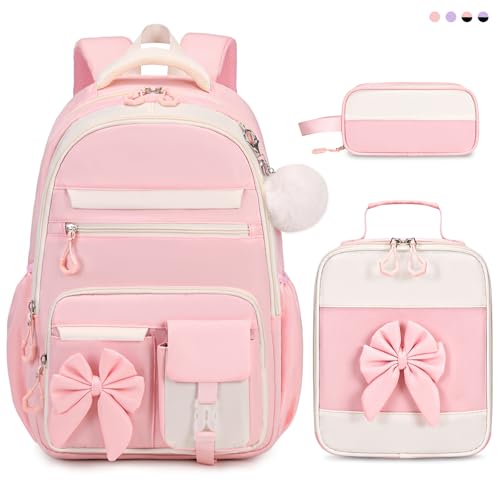 DIGOBAY Backpack for Girls, 3PCS Girls Backpack for School with Lunch Bag Pencil Case, Cute Kids Bookbag Teens Backpack for Kindergarten Elementary Preschool Middle School (Pink)