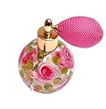 Goddess Arts Collection Romantic Refillable Glass Perfume Bottle Atomizer with Hand Painted Pink Roses and Lustrous Crystal Pearls