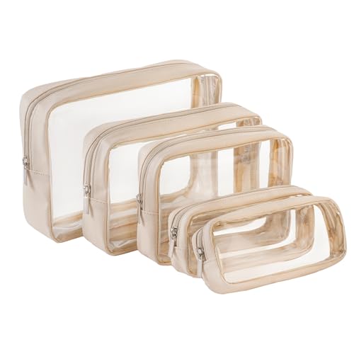 Remobia Hicol TSA Approved 5-Piece Diaper Bag Organizer Pouch Set Clear Waterproof TPU Kids Toiletry Storage Set Travel Packing Clutch Cube Bags for Baby Nursing(Cream leather)