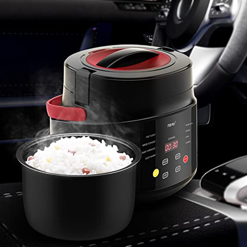 HSJ 12V/24V Universal Car Rice Cooker, Portable Mini Rice Cooker, 2L Small Electric Rice Cooker and Steamer, Perfect for RV, Truck(Black)