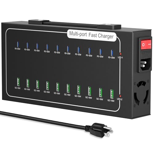 480W USB Charging Station, ALI SEA 20 Port (10 PD+10 QC) USB C Fast Charging Station for Multiple Devices, Charger Block with Intelligent Protection for iPhone, Android Cell Phone, iPad, Tablet