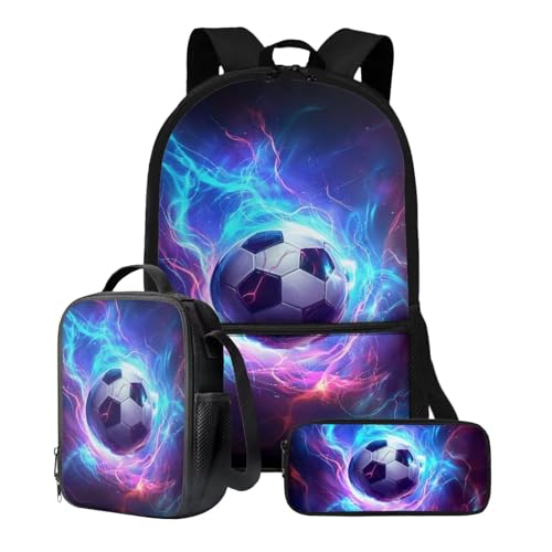 Poceacles 3Pcs Backpack Set Animal Kids Schoolbag Sets With Lunch Bag Pencil Bag Cute Students Bookbags Girls Boys Lightweight Knapsack, Luminous Lightning Soccer