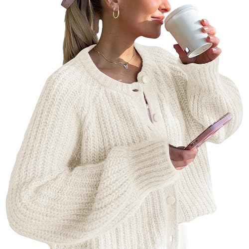 Hixiaohe Cardigan Sweater for Women Long Sleeve Button Y2K Chunky Knit Sweater Fall Casual Open Front Outwear Knitwear Coat(Milky-White,S)