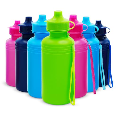 4E's Novelty Bulk Water Sports Bottles for Kids 18 oz - 12 Pack Squeeze Reusable Plastic, Neon Colors, BPA Free, Kids Water Bottles Party Favor Gift Giveaways