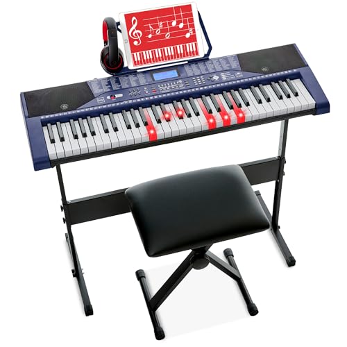 Best Choice Products 61-Key Beginners Complete Electronic Keyboard Piano Set w/Lighted Keys, LCD Screen, Headphones, Stand, Bench, Teaching Modes, Note Stickers, Built-In Speakers - Blue