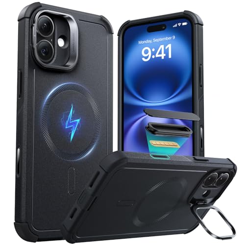 ESR for iPhone 16 Case with Stash Stand, Camera Control, 23FT Military-Grade Shock-Absorbing Drop Protection, Compatible with MagSafe Accessories, Magnetic Cyber Series, Black