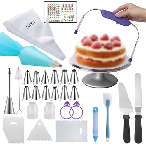 12 Inch Cake Turntable,78Pcs Rotating Aluminum Alloy Cake Stand Set,Cake Decorating Kit With Stainless Steel Icing Scrapers,Icing Tips,Piping Bags,Cake Leveler,Icing pen,Pie server