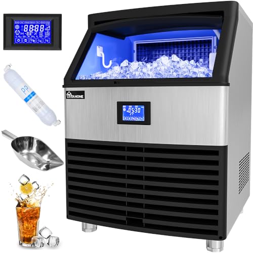 YITAHOME Upgraded Commercial Ice Maker Machine 450lbs/24h with 100lbs Storage Bin, Stainless Steel Ice Scoop, Blue Light, Freestanding Ice Machine for Home, Restaurants, Bars