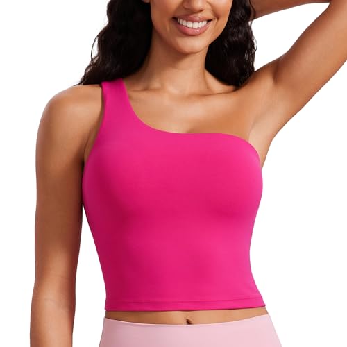 CRZ YOGA Butterluxe One Strap Longline Sports Bra for Women - Asymmetrical Yoga Crop Padded Workout Tanks Granita Pink Medium