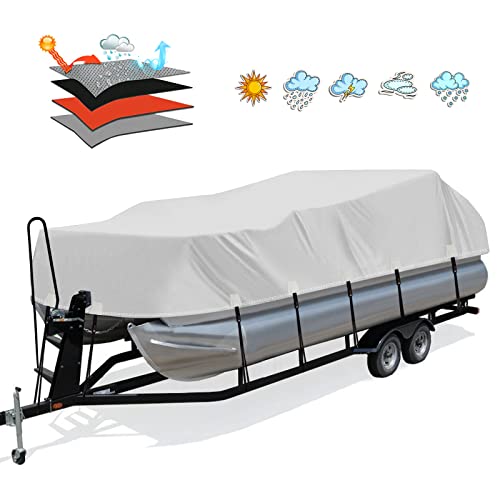 Solim Trailerable 1200D PU Heavy Duty Pontoon Boat Cover, 22-24ft Waterproof Marine Grade Oxford UV Resistant Polyester Canvas Cover, Boat Cover for Pontoon with Adjustable 18 Tie Down Straps, Gray
