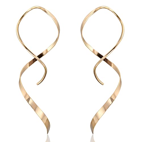 14K Gold Plated Spiral Threader Earrings Hypoallergenic Gold Drop Earrings Twisted Curved Dangle Earrings Handmade Earrings Pull Through Earrings for Women Trendy-Gold