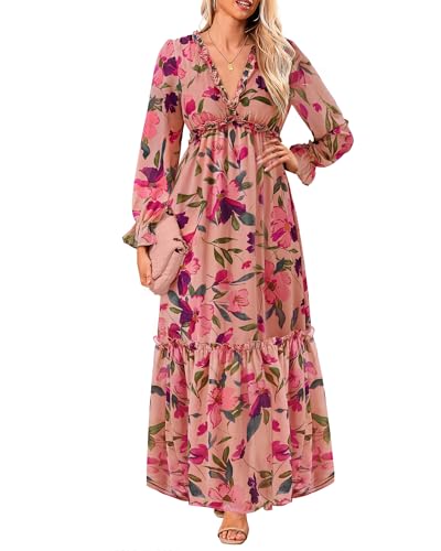 Women's Casual Long Sleeve Maxi Dress Floral Print Pink Boho Deep V Neck Wedding Guest Evening Party Chiffon Dresses