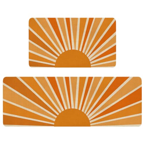 Xsinufn Boho Kitchen Mat Set of 2,Rainbow Sun Print Abstract Kitchen Rugs and Mats Non Skid Washable,Modern Farmhouse Runner Rugs with Rubber Backing for Kitchen Decor Accessories (17"x47"+17"x30")