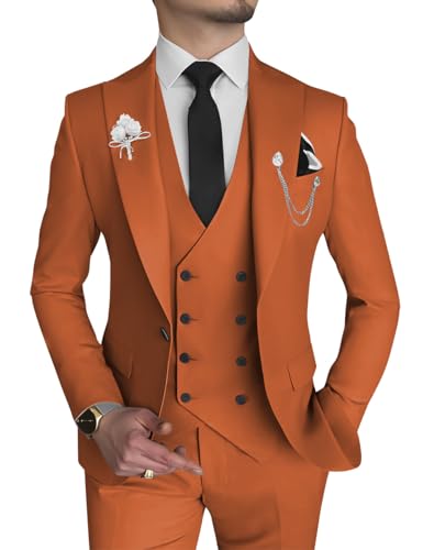 Wangyue Mens Suits Slim Fit 3 Piece Wedding Suits for Men Prom Tuxedo Orange Double Breasted Suit Formal Business,XL