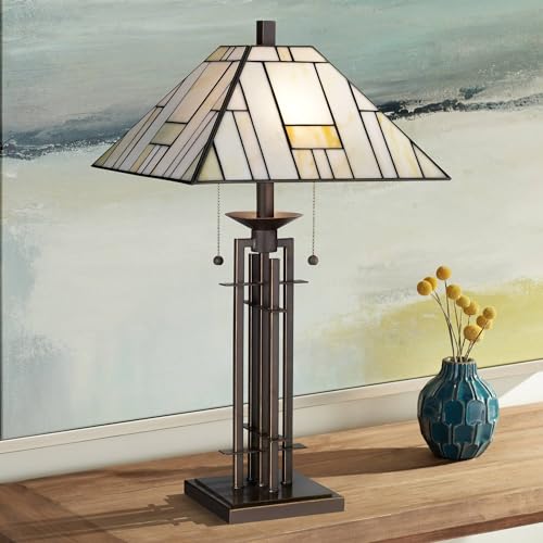 Franklin Iron Works Mission Tiffany Style Table Lamp Art Deco 26.25" High Wrought Iron Dark Bronze Brown Gold White Stained Glass Shade for Living Room Bedroom House Bedside Nightstand Home Office