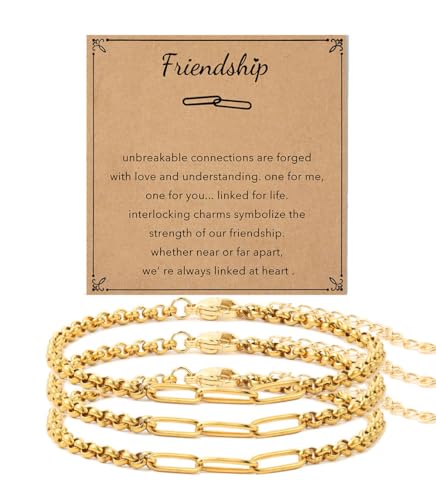 AULSIEY Matching Bracelets for Best Friend, Friendship Bracelet for 3,Paperclip Link Bracelet Friendship Gifts for Women Bestie,Couples Bracelets Valentines Gift for Boyfriend Bff -(Golden 3pcs)