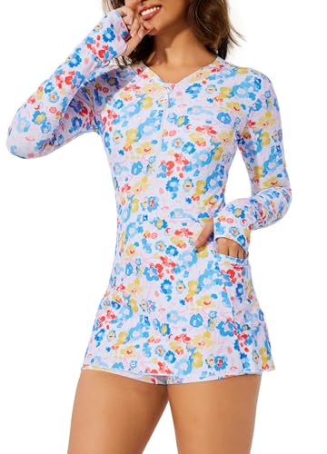 Cagola Modest Swimsuits for Women Long Sleeve Bathing Suit Rash Guard Swimsuit Swim Dress Conservative Swimwear Burkini Printed Floral M