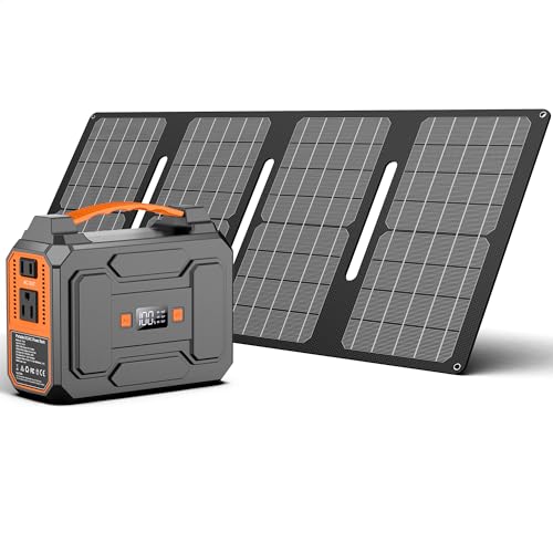 Solar Powered Generator 200W Peak/100W Rated, Portable Solar Generator Power Station with Solar Panels 40W Included, 146Wh Solar Power Bank with AC Outlet 110V for Home Use Camping Outdoor Adventure
