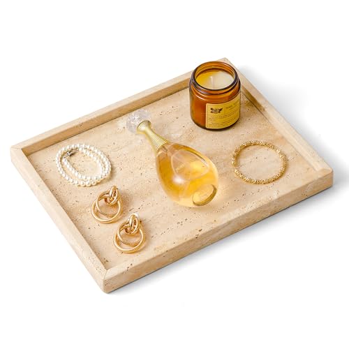 WORHE Travertine Stone Tray Large Natural Marble Decorative Tray for Jewelry, Perfume, Makeup, Candles, Bathroom, Dresser, Rectangle Kitchen Storage Organizer for Home Decor Beige (WH067)