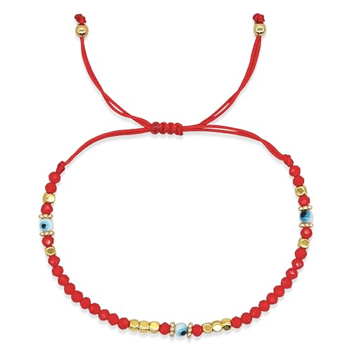 Frigotine Cute Crystal Evil Eye Bead Bracelets for Women, Handmade Red Stone Gold Beaded String Adjustable Bracelet Summer Beach Jewelry Gift