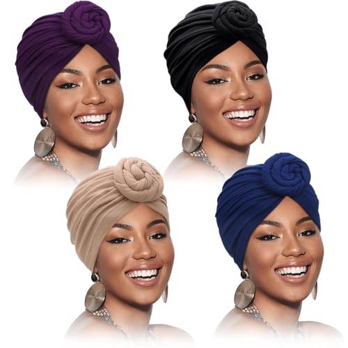 SATINIOR 4 Pieces African Headwrap Turban for Black Women Hair Bonnet Hair Wrap Head Scarf Headwrap Hat(Purple, Black, Navy, Camel)