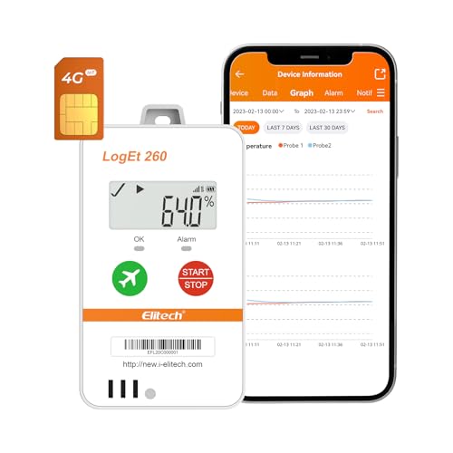 Elitech 4G Real-time Temperature Humidity Data Logger Light/Shock/Location, Built-in SIM Card, Shadow Data, Airplane Mode, Cloud Storage, SMS/Email/APP/Web Alarm,100000 Points, Loget 260-TH-10Pack