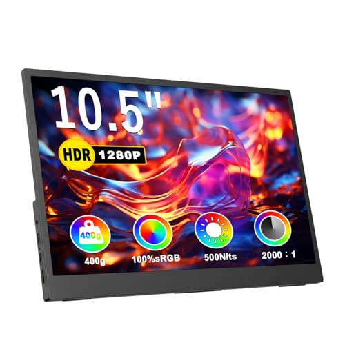 Portable Monitor 10.5" 1920x1280P FHD Ultra-Slim Mini Monitor 3:2,500nits,2000:1,w/45° Adjustable Stand,Standard HDMI USB-C Computer Display for Laptop PC Phone Mac
