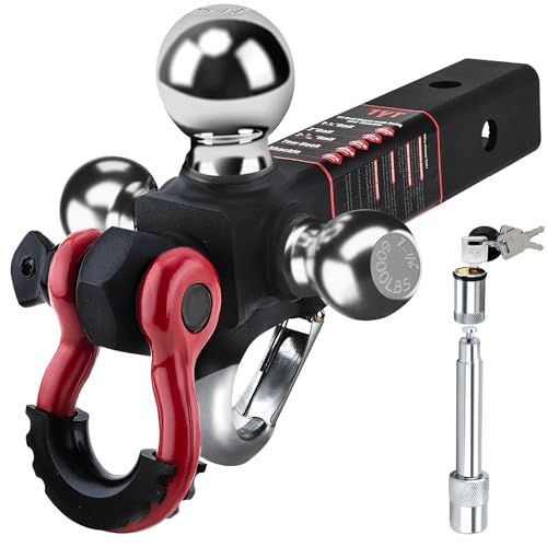 TYT Tri Ball Hitch Trailer Mount with Locks,Tow Hook & Clevis Shackle, Fits 2 inch Hitch Receiver with 2-5/16",2",1-7/8" Hitch Ball, Black