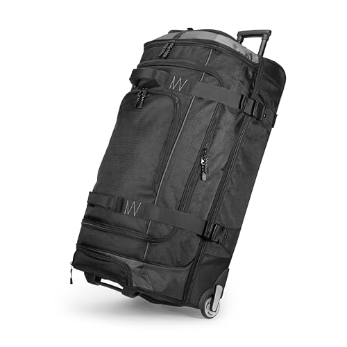 Amazon Basics 35-Inch Large Rolling Duffle Bag with Wheels and Handle, Travel Duffle Bag with Durable Ripstop Polyester Material, 2 Layers of Space, Multiple Interior and Exterior Pockets, Black