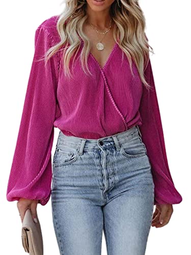 CUPSHE Women Long Lantern Sleeve Shirts Tops Dressy Casual Loose Fit V Neck Blousess,L Fuchsia