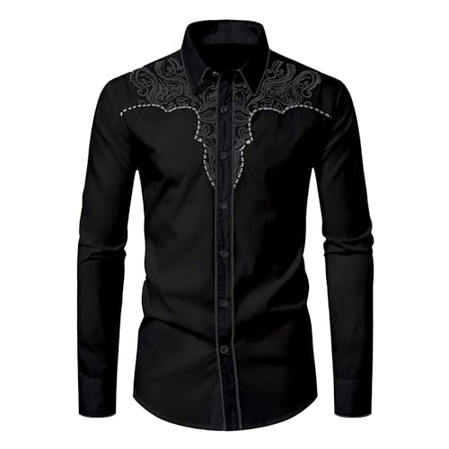KISSQIQI Mens Western Cowboy Shirt Casual Button Down Long Sleeve Embroidered Shirts Fashion Slim Fit Design Shirts