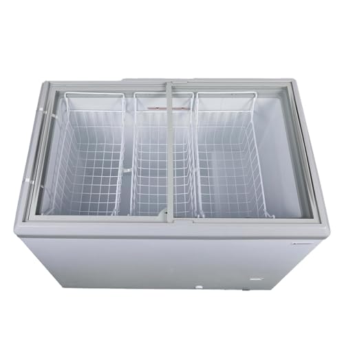 NAFCOOL 12.4 Cu.Ft Commercial Chest Freezer with LED Light,Temp Rang -8°F and 0°F,Glass Top Display Chest Freezer with 6 Removable Wire Baskets,Sliding Lids, Lock,Caster Wheels, White