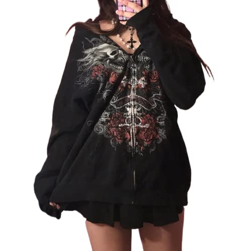 Meiweileya Women's Y2k Grunge Skull Graphic Zip Up Hoodies Emo Goth Skeleton Jacket Long Sleeve Baggy 90s E-Girl Vintage Harajuku Sweatshirt Carbon Black