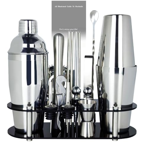 17Pcs Cocktail Shaker Set 750ml, 750/600ml Bartending Kit 25oz, 25/20oz Bar Shakers Tools Bartender Kit with Recipe Book Black Stand