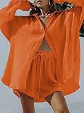 Fixmatti Matching Short Sets for Women Long Sleeve Button Down Shirt and Short Pant Summer Tracksuit Orange L