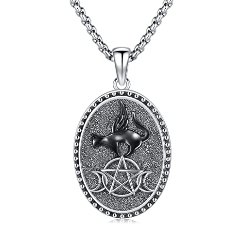 Eusense Black Cat Necklace for Women Men 925 Sterling Silver Cat Triple Moon Goddess Pendant Necklace Pentagram Pentacle Pagan Wiccan Witchy Cat Jewelry for Cat Lovers Gift