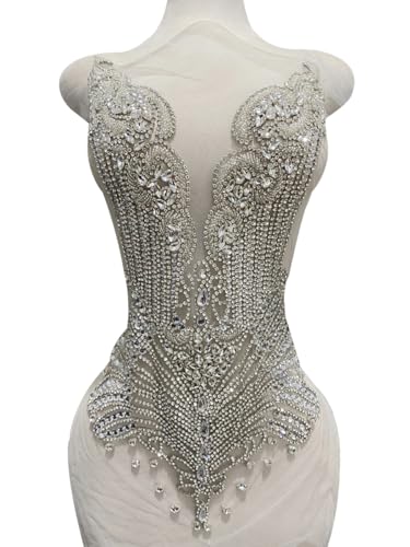 MOPISVN Large Bodice Applique Sequin Rhinestones Fine Appliques Handsewing Crystals and Beads for Dress Clothes Accessories 9.4X23.6inches (Silver)