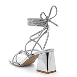 Shoe'N Tale Lace Up Heels for Women Ankle Strappy Gladiator High Heeled Sandals Chunky Block Heel Square Open Toe Criss Cross Dress Shoes(7,Silver)