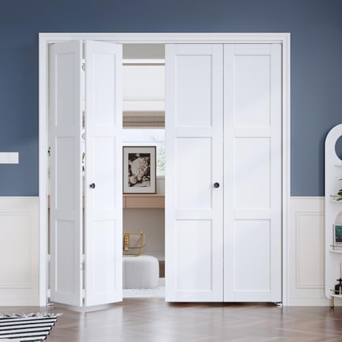 Roymelo Preassembled White Bifold Doors for 72"×80" Opening, Sliding Interior Closet Folding Barn Door Slab with 6FT Concealed Hardware Kit Included, 3-Panel, MDF Wood Panel Covered with PVC Surface