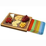 Seville Classics Bamboo Premium Wood Cutting Board Serving Tray w/ 7 Color-Coded BPA-Free Mats, for Chopping Bread, Cheese, Fruits, Vegetables, Meats, Charcuterie (PATENTED), Bamboo (NEW MODEL)