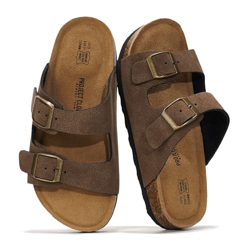 Project Cloud Genuine Leather Slides For Kids - Natural Cork Footbed Summer Sandals Beach Slide Sandals for Girls & Boys - Non-Slip Boys & Girls Sandals (Little Venita, BRWNSUGACT,1)