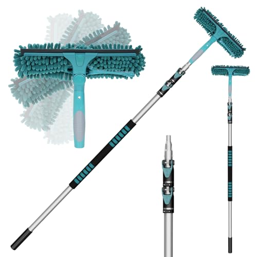 TelesPro 20 Feet High Reach Window Squeegee with 5-12Ft Extension Pole, Window Cleaner Tool with 3-Stage Telescoping Pole, Window Cleaning Kit with Rotatable Head (2 Squeegee & 2 Microfibre Cloths)
