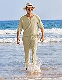 COOFANDY Men's 2 Pieces Cotton Linen Set Henley Shirt Long Sleeve and Casual Beach Pants Summer Yoga Outfits