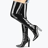 Wsheliu Over The Knee Black Boots for Women Chunky Heel Knee High Boots Size 12 Thigh High Boots Tall Black Boots Patent Leather Pointed Toe Long Boots