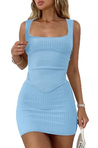 CHYRII Womens Sexy Summer Two Piece Outfits Square Neck Going Out Crop Tops Bodycon Skirt Sets Mini Dress Blue M