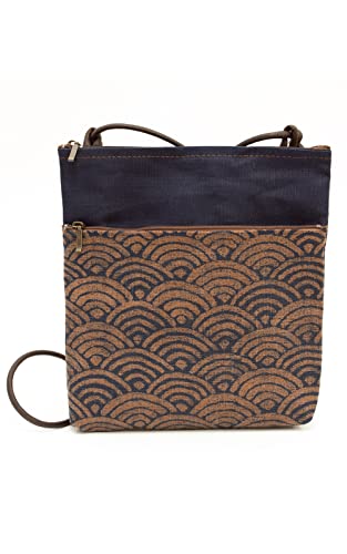 Creareki Made in Japan Shoulder Bag for Women Indigo Persimmon Shibu Dyed 2 Zipper Pochette Mother Birthday Present IZ-111us (Edo Komon Qingami wave)