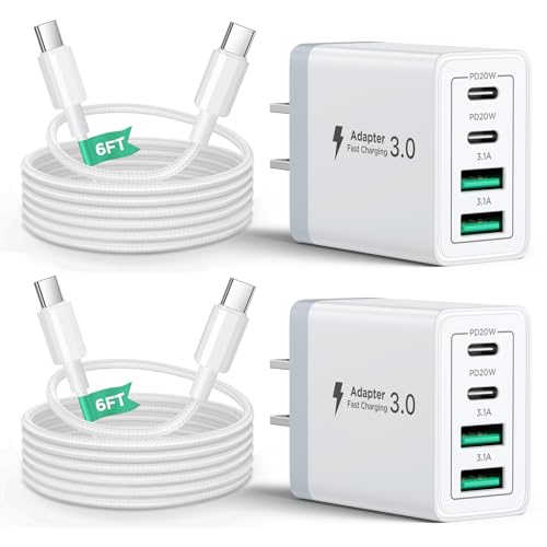 40W USB C Charger Block, 2Pack 4-Ports Type C Fast Phone Charging Cube with 6FT USBC to USBC Cord, Multiport Wall Plug Power Brick Box Compatible with iPhone, Samsung, iPad Pro, Cellphones Charger