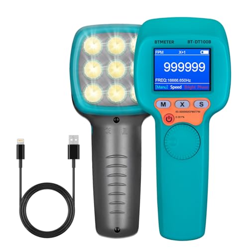 BTMETER Stroboscope Strobe Light Tachometer Non Contact Measure 60-999999 RPM/FPM Velocity Hz with 0.001% Accuracy, Handheld Speedometer Gun DT100B for Car Engine Gear Motor Troubleshoot